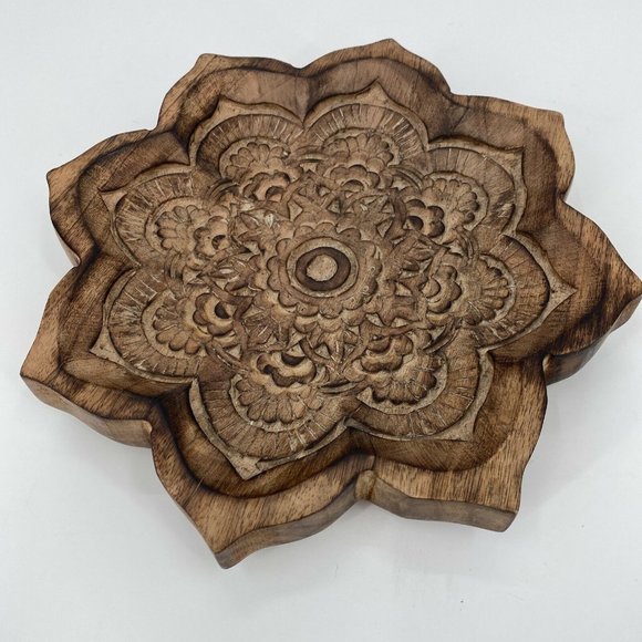 Unbranded Other - Carved Wooden Decorative Lotus Flower Bowl Mandala Crystal Tray